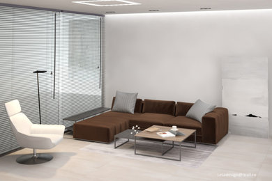 Стильный дизайн: огромный кабинет в современном стиле с белыми стенами, полом из керамогранита и бежевым полом - последний тренд