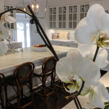 Great room/kitchen with white marble