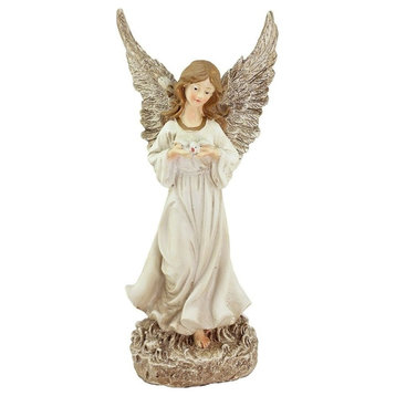 12.5" Ivory and Gold Serene Angel With Dove Patio Garden Statue