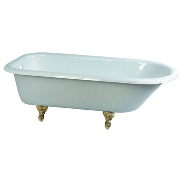 66" Cast Iron Roll Top Clawfoot Tub (No Faucet Drillings), White/Polished Brass