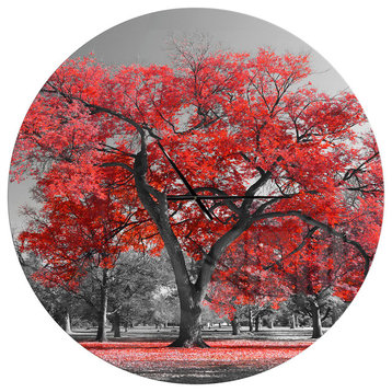 Big Red Tree On Foggy Day Oversized Floral Metal Clock, 36x36