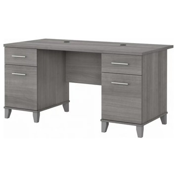 Transitional Desk, Double Pedestal With File & Storage Drawers, Platinum Gray