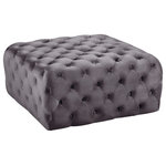 Meridian Furniture - Ariel Velvet Upholstered Ottoman/Bench, Grey - Make this Ariel grey velvet ottoman/bench part of your relaxation ritual. This welcoming ottoman has a lavish look with its deep button-tufting and lush velvet upholstery. The soft grey color lends a cheery feel to your room and has a shiny sheen that gives it a sumptuous and welcoming look. This glamorous-looking ottoman is an ideal foot prop at the end of the day and also doubles as an additional seat on family game night.