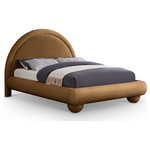 Meridian Furniture - Madrid Upholstered Bed, Saddle, King, Velvet - Transform your bedroom with the bold and sophisticated charm of the Madrid saddle velvet upholstered king bed. Inspired by classic Art Deco design, this bed showcases a striking arched headboard and rounded edges for a unique, sculptural look. The luxurious velvet upholstery adds a layer of softness and warmth, making it a stunning centerpiece that combines artful design with everyday comfort.