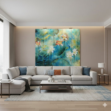 Water Ink Style Blue Lotus Pond Flower Birds Theme Graphic Screen cs5984