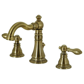 Traditional Widespread Bathroom Faucet, Unique Curved Spout, Antique Brass