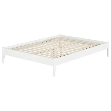 Midcentury Platform Bed, Hardwood Frame With Slatted Support, White/Queen