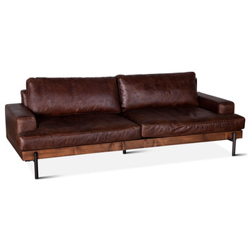 World Interiors Chiavari Leather/Wood Sofa in Dark Reddish Brown