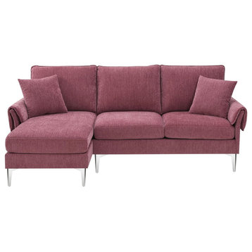 L-Shape Convertible Sectional Sofa, Chrome Legs With Chenille Fabric Seat, Pink