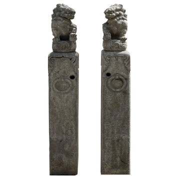 Chinese Pair Gray Stone Fengshui Foo Dogs Lion Slim Pole Statues Hcs7665