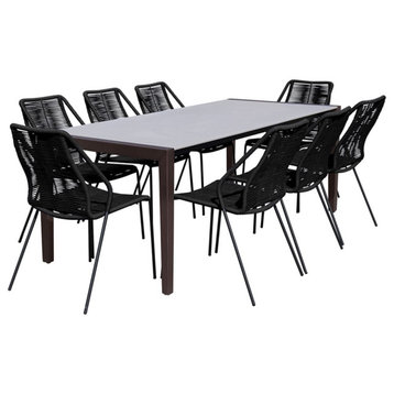 Armen Living Fineline and Clip 9PC Fabric Outdoor Dining Set in Brown/Black
