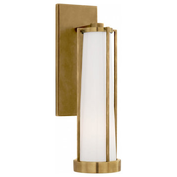 Wall Sconce, 1-Light Bracketed, Hand-Rubbed Antique Brass, White Glass, 16"H