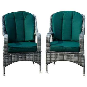 Set of 2 Grey Outdoor Patio Wicker Dining Cozy Armchairs, Green Cushions