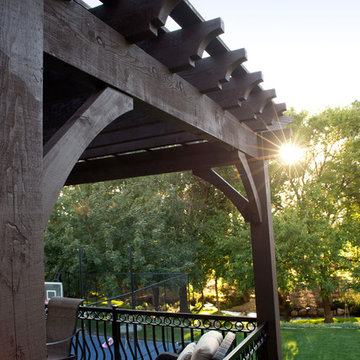 Timber Frame Tiered Pergolas, Deck, Ornamental Metal Railings