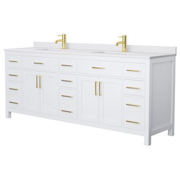 Beckett 84" White Double Vanity, White Cultured Marble Top, Gold Trim