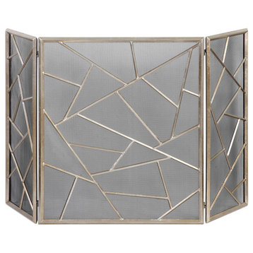 MidCentury Abstract Silver Panels Fireplace Screen, Geometric Champagne Mesh