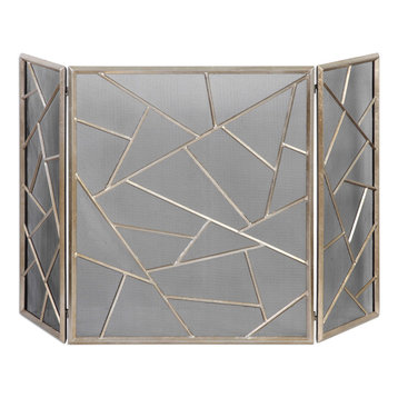 MidCentury Abstract Silver Panels Fireplace Screen, Geometric Champagne Mesh