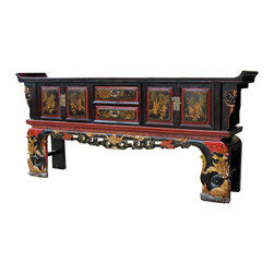 Chinese Fujian Golden Graphic Sideboard Console Table TV Cabinet - Console Tables