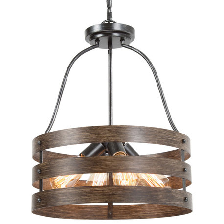 LNC Farmhouse 4-Light Brushed Black Drum Wood Chandelier