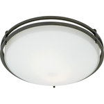 Quoizel Lighting - Ozark 2-Light Flush Mount, Iron Gate, Opal Etched Glass - This sleek ceiling mount adds a contemporary accent to your home. The simple, double ring pan frames the opal etched glass, which diffuses the light evenly. It brings a chic, designer touch to rooms with standard ceiling heights.