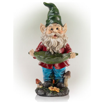 Gnome Holding Leaf Statuary, 17"