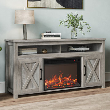 58" Corin Barn Door TV Stand with 23" Fireplace, Gray Wash