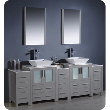 84" Grey Modern Double Sink Bathroom Vanity with 3 Side Cabinets and Vessel Sink