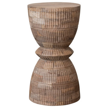 Round Hand-Carved Mango Wood Stool, Natural