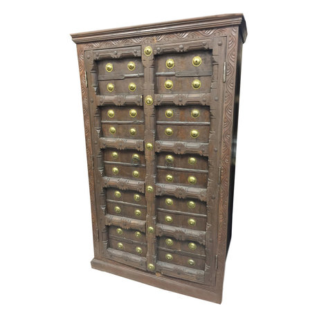 Mogul Interior - Consigned Antique Teak Britsh Colonial Brass Armoire Cabinet - Armoires And Wardrobes