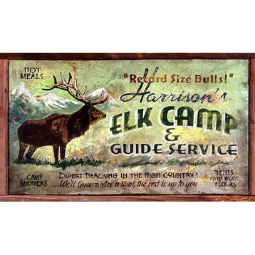 Vintage Hunting Signs Elk Camp Rustic Wood Sign, 26x14