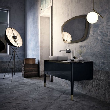Contemporary bathroom with black cabinet and marble countertop