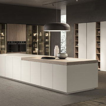 Matte White and Wood Kitchen Cabinets with Pantry Black Metal Frame Glass Doors