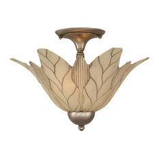 Semi-Flush With 2 Bulbs In Brushed Nickel, 16" Vanilla Leaf Glass
