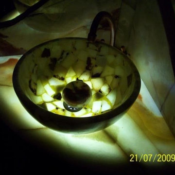 Glowing Onyx Vanity top W/ Custom Mosaic Onyx Vessel Sink