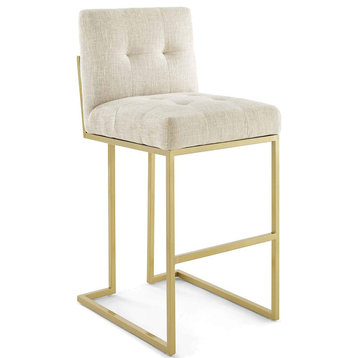 Modern Elegant Bar Stool, Gold Base & Polyester Seat With Biscuit Tufting, Beige