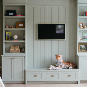 Custom Playroom Built-In Cabinets with TV Wall and Bench Storage
