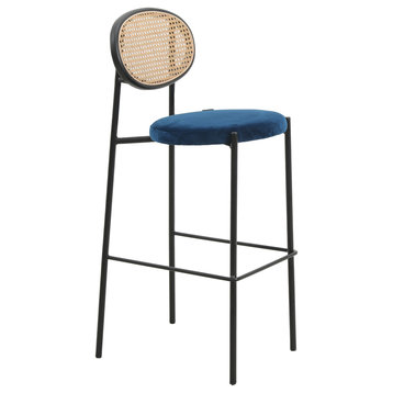 LeisureMod Euston Wicker Bar Stool With Black Steel Frame and Footrest, Navy Blue