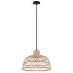EGLO - Ausnby Pendant, Black Finish, Natural Wood Shade - Features: