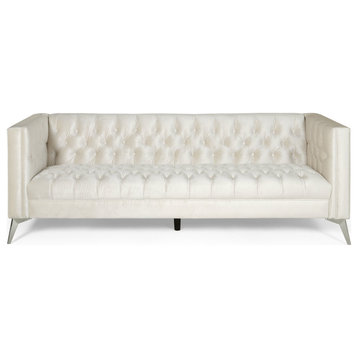 Contemporary Sofa, Comfortable Velvet Fabric Seat & Deep Button Tufting, Beige