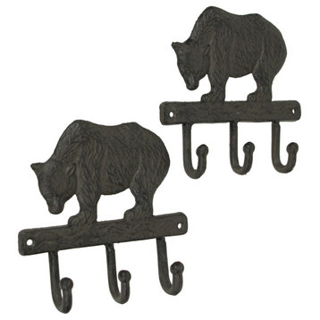 Set of 2 Brown Cast Iron Bear Wall Hook Decorative Coat Rack Towel Holder Decor