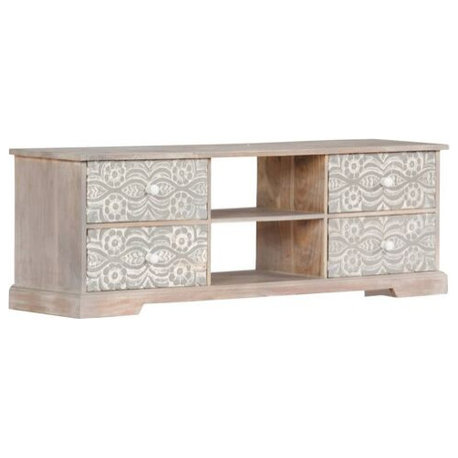vidaXL TV Stand White and Grey Solid Acacia Wood, Engineered Wood Medium