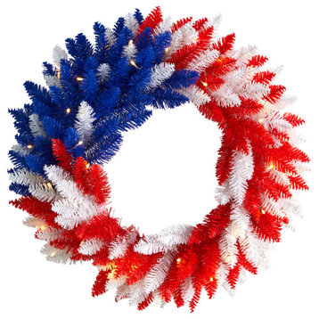 24" Patriotic Red, White and Blue "Americana" Wreath With 35 Warm LED Lights