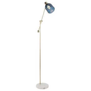Marcel Contemporary Floor Lamp, White Marble, Gold Metal/Blue Glass