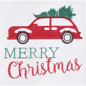 Red Holiday Car Hauling Tree Embroidered Flour Sack Christmas Kitchen Dish