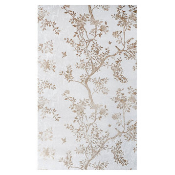 Floral ivory pearl off white gold metallic apple trees birds textured wallpaper, Roll 27 Inc X 33 Ft