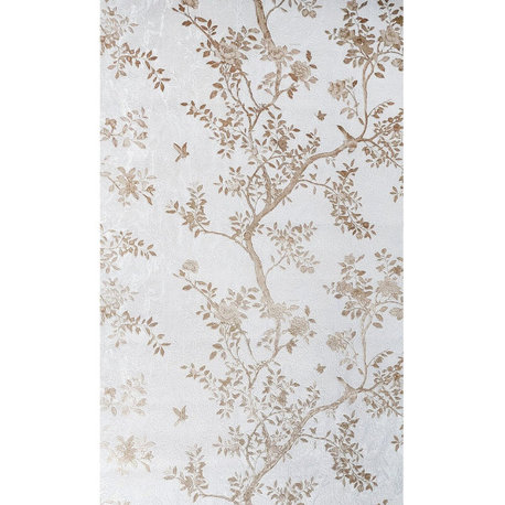 Floral ivory pearl off white gold metallic apple trees birds textured wallpaper, Roll 27 Inc X 33 Ft