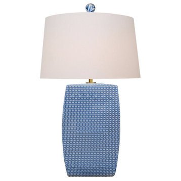 Blue and White Geometric Square Vase Porcelain Table Lamp, 33"