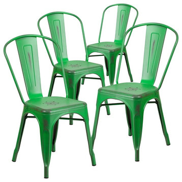 Distressed Green Metal Indoor Stackable Chairs, Set of 4