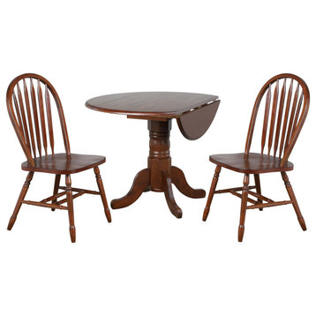 Andrews 3-Piece 42" Round Drop Leaf Dining Set, Arrowback Chairs, Chestnut Brown