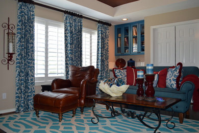 Mid-sized elegant open concept dark wood floor game room photo in Houston with beige walls, no fireplace and no tv
